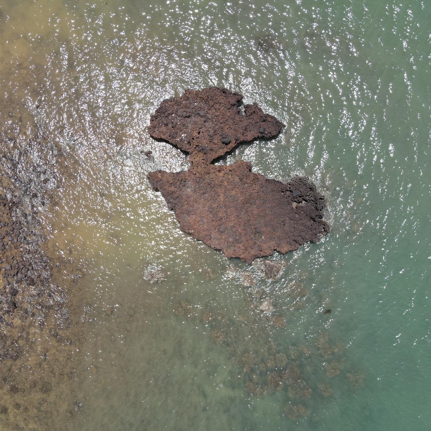 A flat jagged rock in the ocean